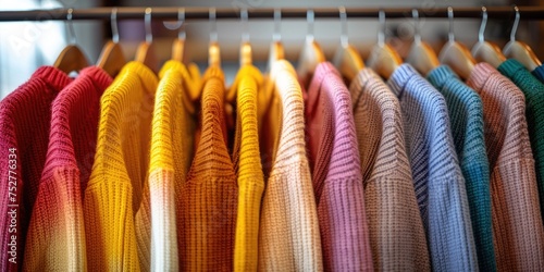 A row of various vibrant young cashmere sweaters. Generative Ai