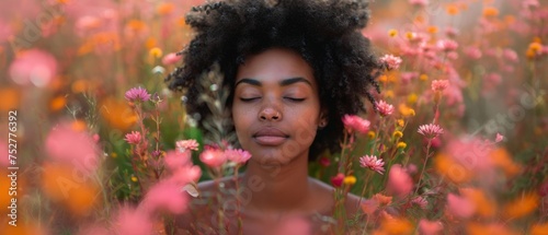 Peaceful woman meditating in a field of orange flowers
