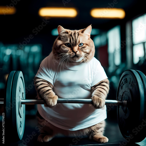 Obese cat lifting weights in order to lose weight, cat goes to the gym