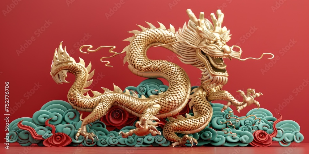 Chinese Dragon 3D Year Gold New Lunar Cycle 2024. Generative Ai