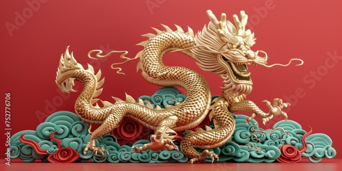 Chinese Dragon 3D Year Gold New Lunar Cycle 2024. Generative Ai © Planum
