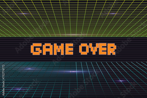 GAME OVER .Synthwave wireframe net illustration. pixel art .8 bit game. retro game. for game assets .Retro Futurism Sci-Fi Background. glowing neon grid. and stars.