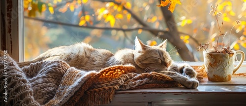 Cozy cat napping on a knitted blanket by the autumn window