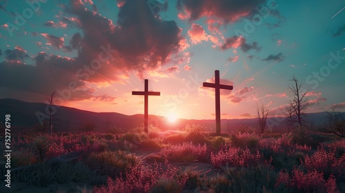 Serene sunset behind silhouetted crosses, symbolic christian image, peaceful landscape, spirituality and religion theme. AI