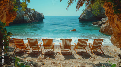 Beautiful beach. Chairs on the sandy beach near the sea. © Matthew