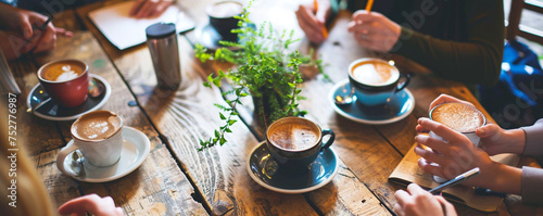 Close up image of a group cafe meeting