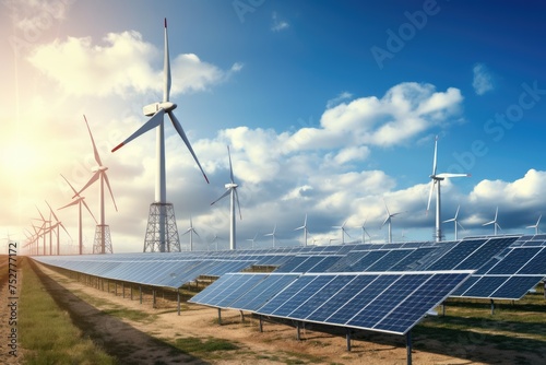 Image of renewable energy. Solar power plants and Windmills,Renewable Energy Images of renewable energy sources wind turbines, solar panels, Ai generated