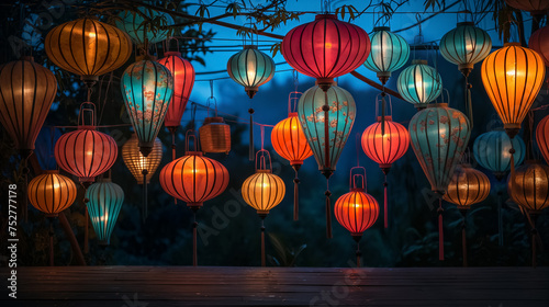 Lanterns glowing at night in an outdoor setting.