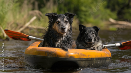 Two dogs sitting in a kayak on a river.