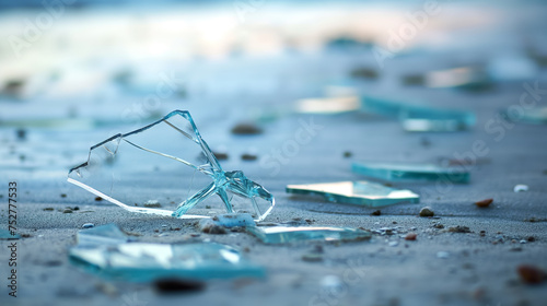 Shattered glass scattered on sandy beach.
