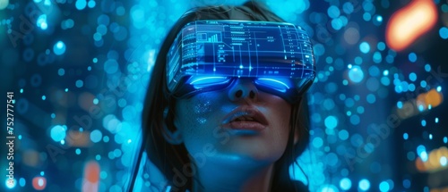 Female immersed in virtual reality with high-tech VR headset