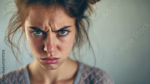 Annoyed woman with furrowed brow and frown. photo