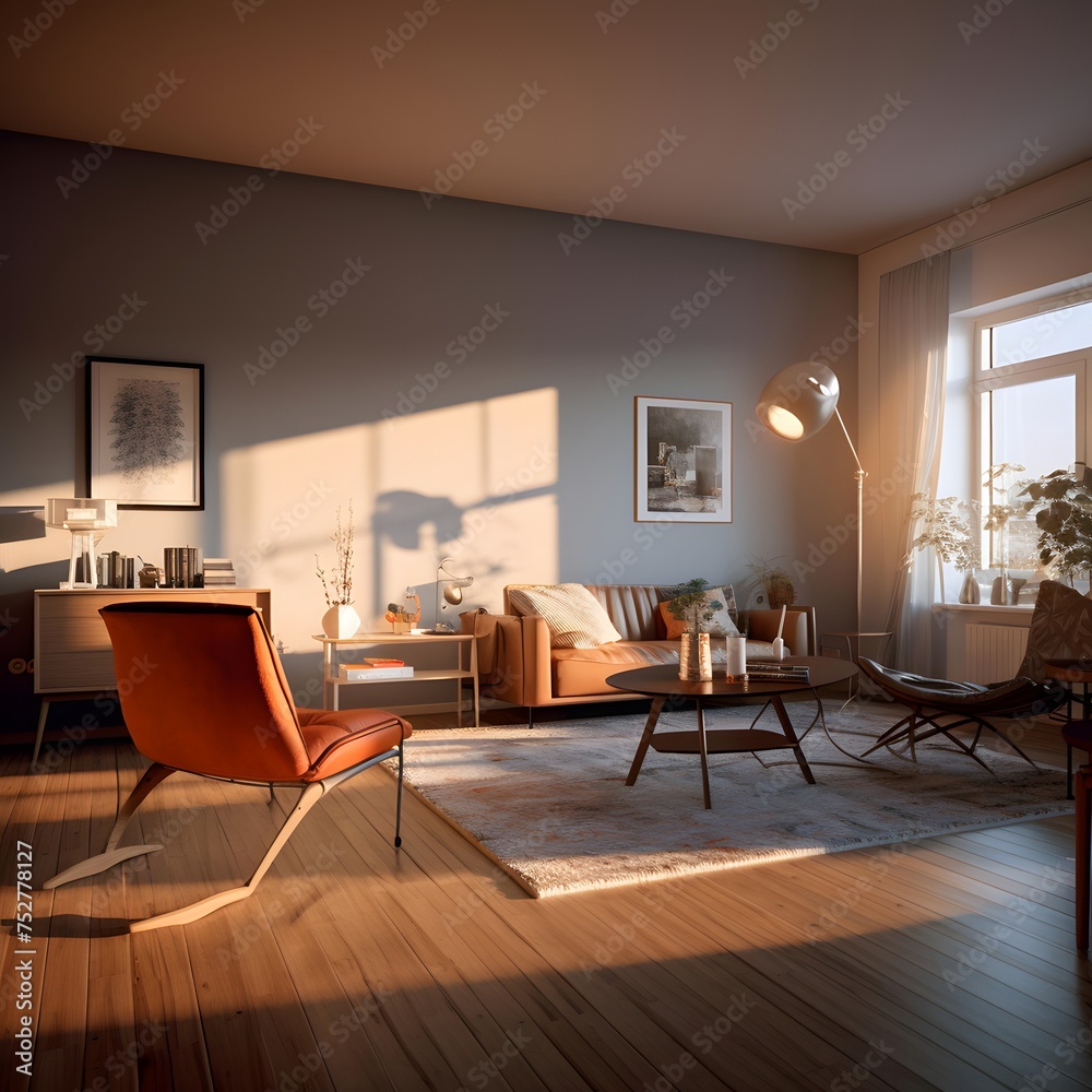 interior of modern living room with orange armchair and wooden floor
