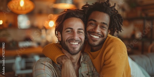 Gay couple grinning, hugging, and gazing. Generative Ai