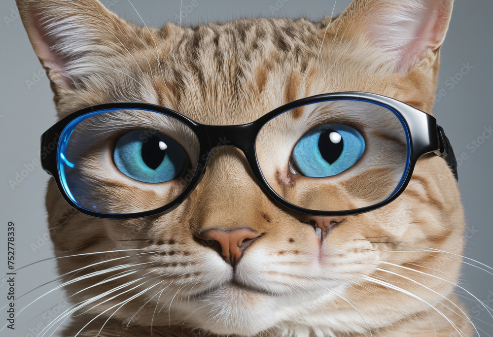 close-up of a smiling tabby cat wearing blue-tinted glasses isolated on a transparent background