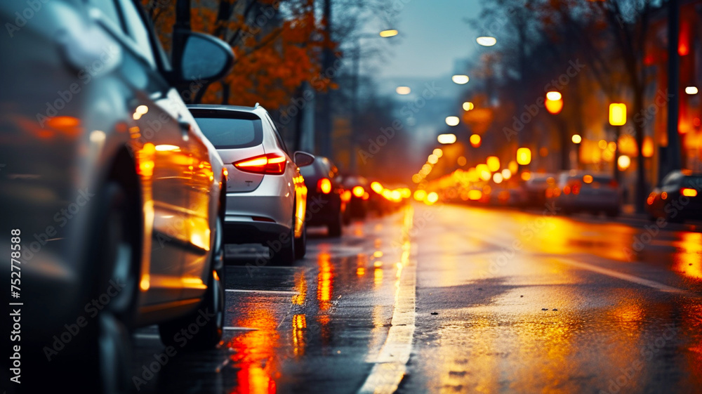 City street traffic during dusk in the rain City street traffic during dusk in the rain