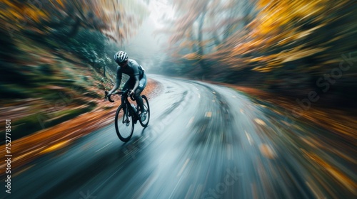 Cyclist on a wet road surrounded by fall foliage on a rainy day