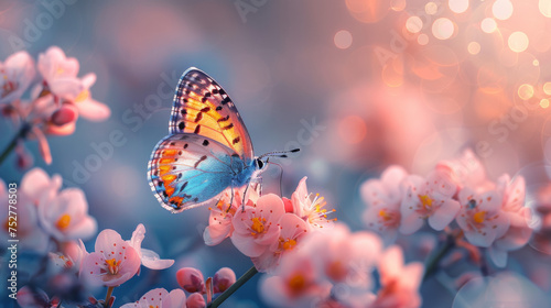 Beautiful blue yellow butterfly in flight and branch of flowering apricot tree in spring at Sunrise on light blue and violet background macro. Elegant artistic image nature. Banner format, copy space. © Matthew