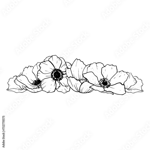 Pile of anemone flowers and petals vector illustration. Wedding 2024 celebration design with floral black and white botanical drawing
