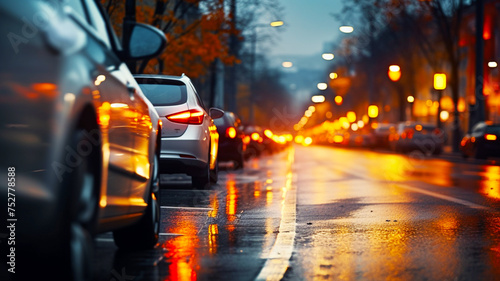 City street traffic during dusk in the rain