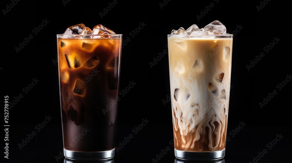 Cool Coffee Duo: Set of Black Iced Coffee and Iced Latte Coffee with White Backgrounds Cool Coffee Duo: Set of Black Iced Coffee and Iced Latte Coffee with White Backgrounds