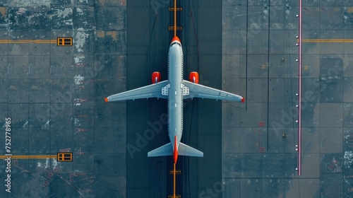 Top down view on commercial airplane docking in terminal in the parking lot of the airport apron, waiting for services maintenance, refilling fuel services after airspace lock down