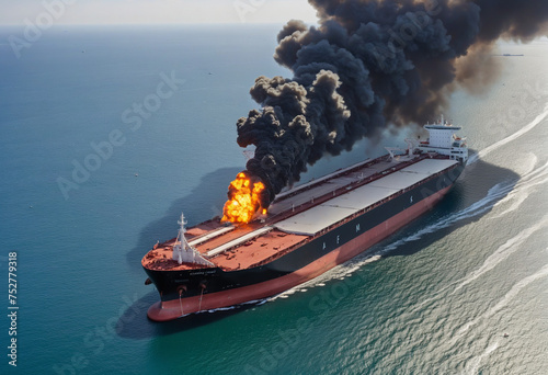 Aerial view of Cargo tanker ship explosion with fire and smoke