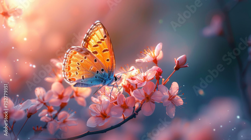 Beautiful blue yellow butterfly in flight and branch of flowering apricot tree in spring at Sunrise on light blue and violet background macro. Elegant artistic image nature. Banner format, copy space.