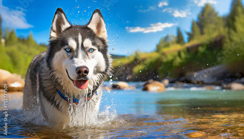 A siberian husky dog playing in a stream in nature