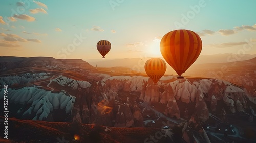 Sunrise hot air balloon adventure over scenic landscape. serene travel, tranquil morning flight. leisure activity. AI