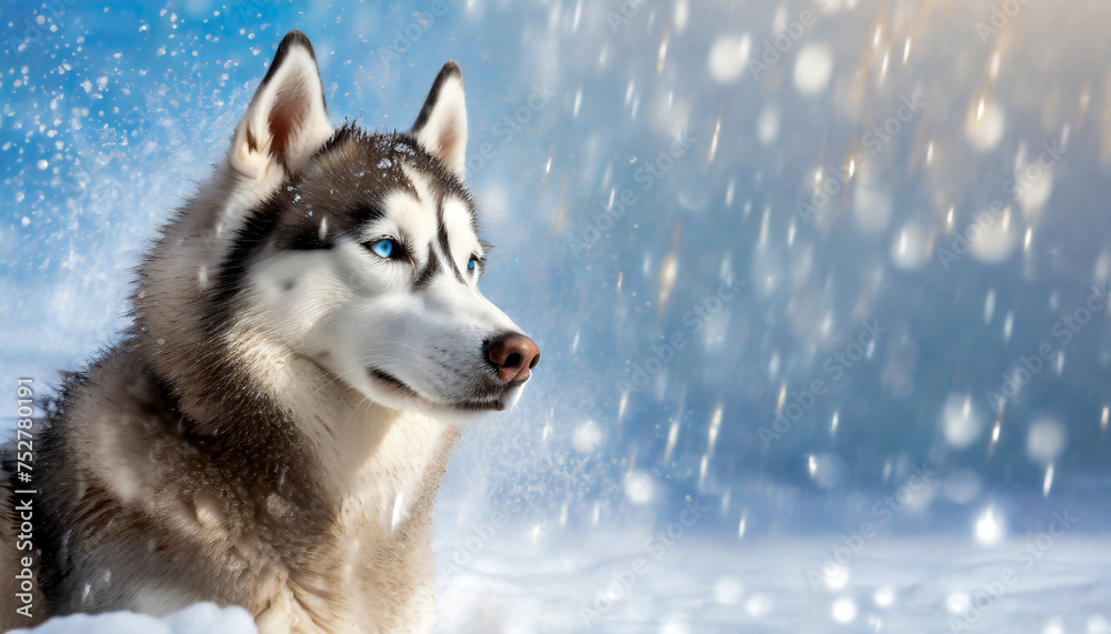 A portrait of a Siberian Husky dog sitting in the snow in winter