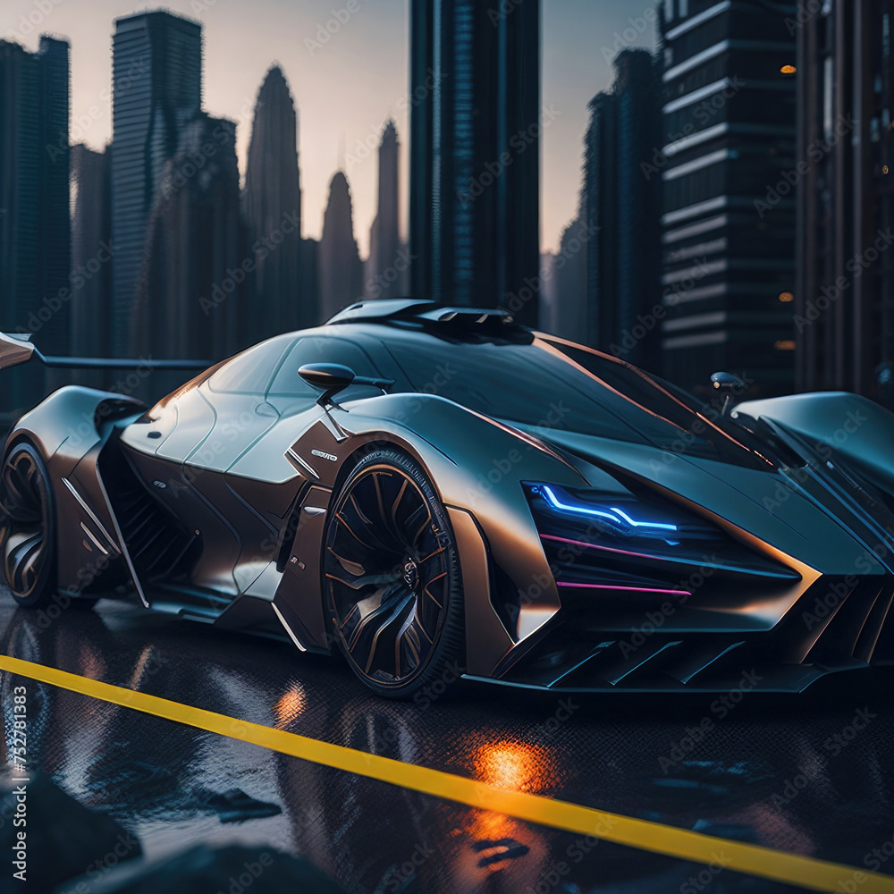 a futuristic car driving through a city at night, cyberpunk art by Michael Flohr, behance contest winner, panfuturism, matte drawing, synthwave, glowing neon