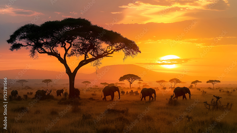 The atmosphere of the afternoon in Africa, several elephants are active, a large tall tree on the left, on the upper right the sunset very clearly