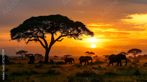 The atmosphere of the afternoon in Africa, several elephants are active, a large tall tree on the left, on the upper right the sunset very clearly