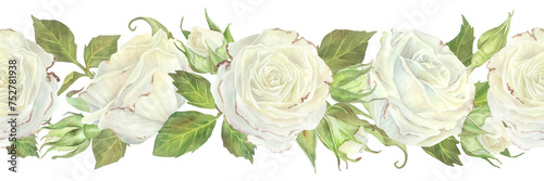 White Rose seamless Border. Watercolor illustration of wedding spring Flower. Hand drawn on isolated background. Drawing of vintage floral pattern. Painting of template frame for card and ribbons