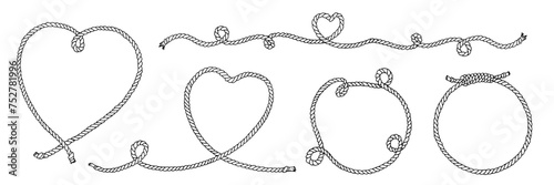Rope Frame Border Vector set. Line art with background and copy space. Linear drawing of heart and circle shaped garland. String wreath with loops. Outline nautical style black and white graphic