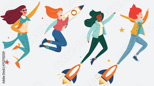 A set of natural style women taking off with a rocket