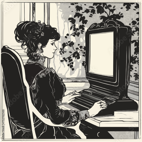 Illustration in the style of Aubrey Beardsley, a beautiful woman sitting at the computer photo