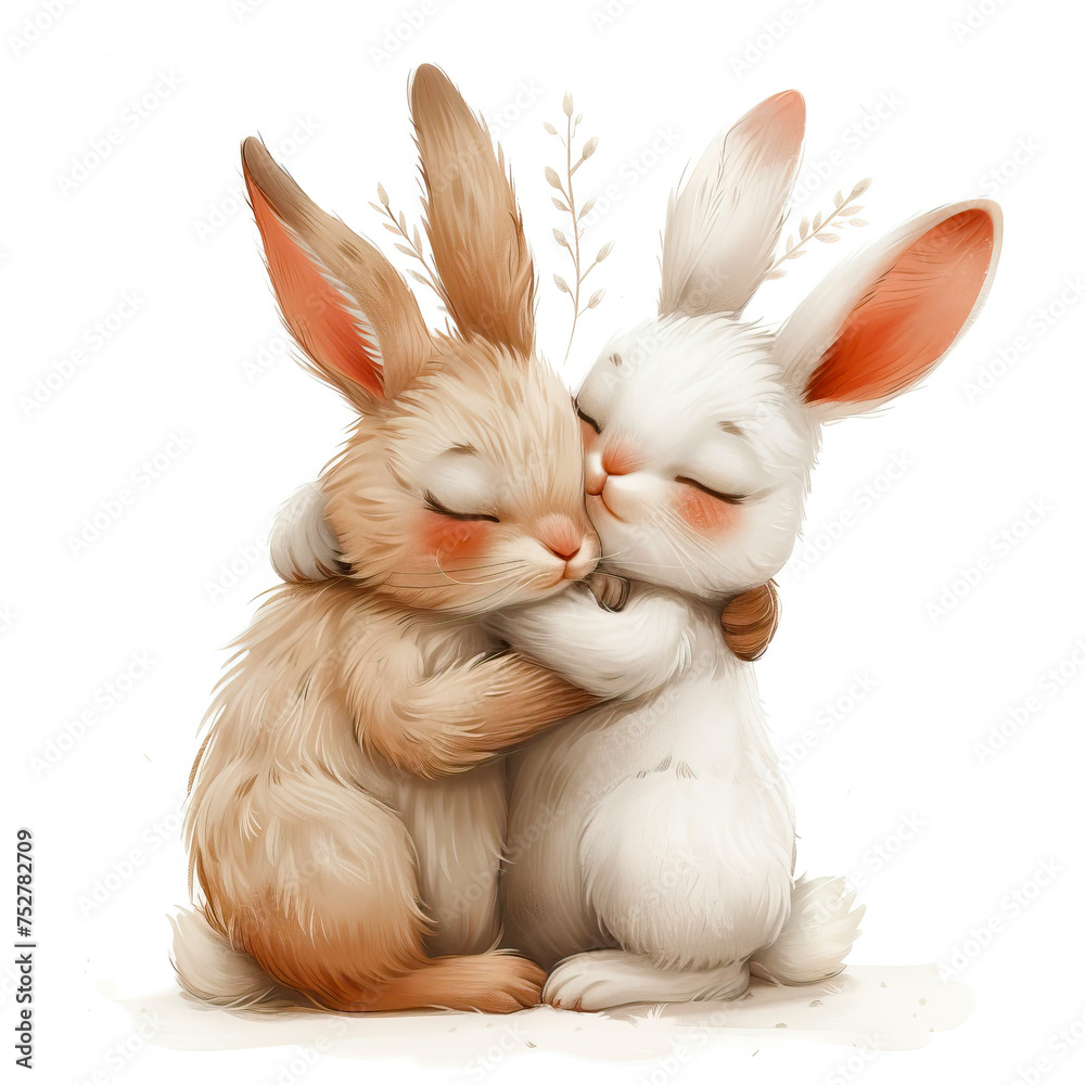 Obraz premium Watercolour illustration, happy loving bunnies hugging, cute character isolated on white background, concept of love, friendship. Template for greeting card, cover, kids t-shirt