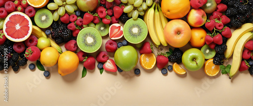 Fruits variety  top view  fruits spilled on a table  healthy eating banner  bio
