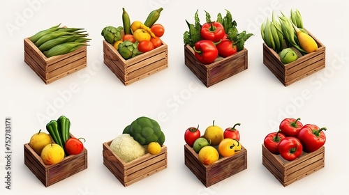 Harvest Bounty: Set of Wooden Boxes with Vegetables on a White Background photo