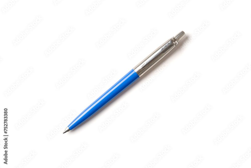 Blue plastic and metal ballpoint pen on white isolated background Blue plastic and metal ballpoint pen on white isolated background