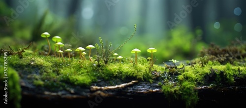 Enchanting Moss-Covered Forest Floor Teeming with Tiny Mushrooms and Lush Greenery