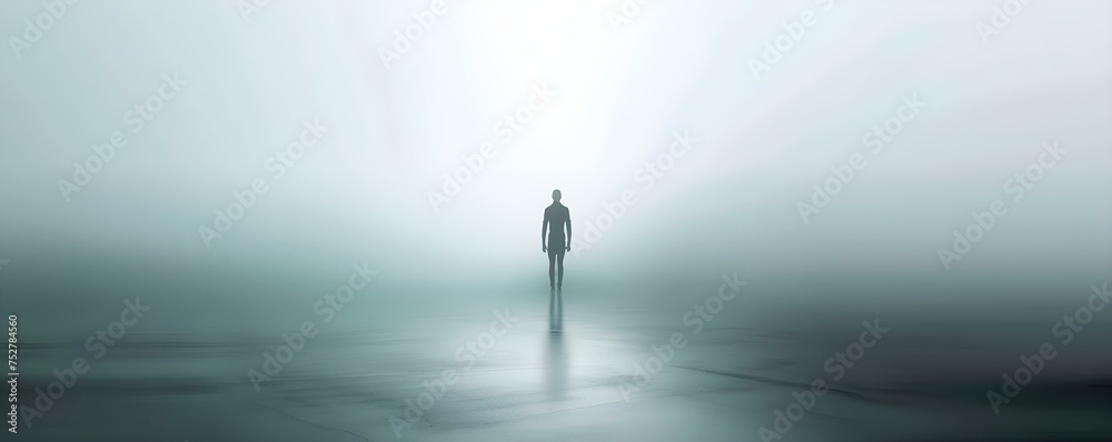 Person stands in a vast empty space their figure outlined by light. Concept Conceptual Photography, Isolated Figure, Creative Lighting, Surreal Portrait