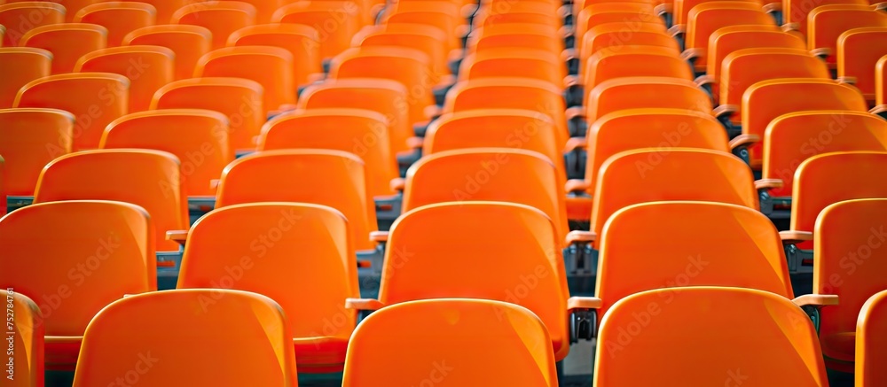 Fototapeta premium Vibrant Rows of Orange Chairs in a Modern Auditorium for Social Distancing Seating Concept
