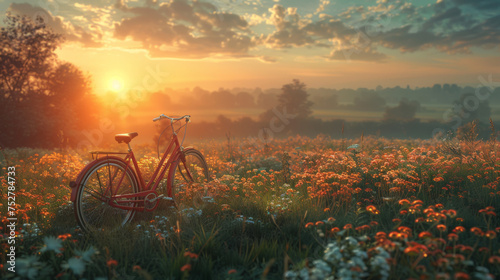 beautiful landscape image with Bicycle at sunset.