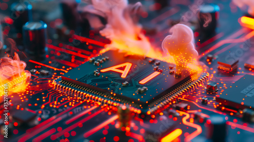 Advanced computer processor chip with AI acceleration is burning in dark digital environment. photo