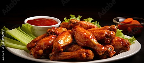 Tantalizing Plate of Freshly Grilled Chicken Wings Served with Spicy Sauce and Crispy French Fries