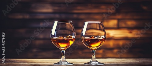 Intimate Whiskey Evening: Two Glasses of Brandy on a Rustic Wooden Table photo