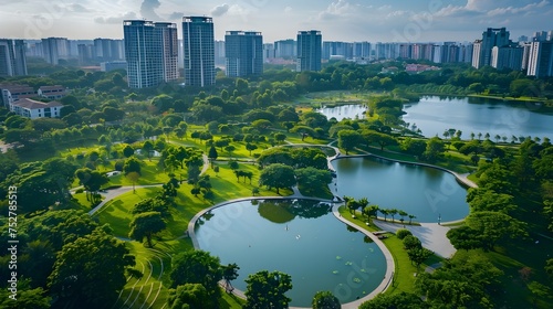 Aerial View of Singapores Park with Water Reflections, To showcase the beauty and tranquility of Singapores parks and urban nature, perfect for photo